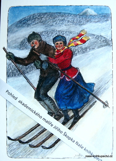 Pohled zimní Lyžníci v Krkonoších